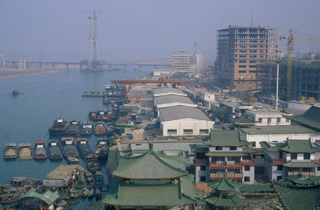 Constructiona at the Temple and Pavilion of Prince Teng at the Ganjiang River in the City of Nanchang in the Province of Jiangxi in China. China, Nanchang, November, 1996のeditorial素材