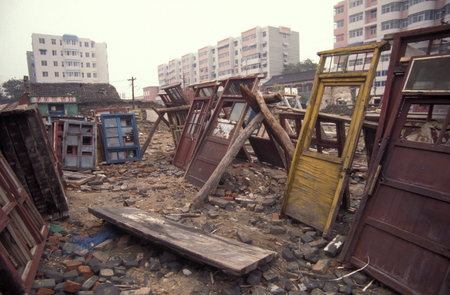 a construction site in the City of Kaifeng in the Province of Henan in China. China, Kaifeng, November, 1996のeditorial素材