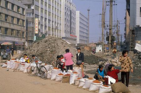 a street market in the City of Nanchang in the Province of Jiangxi in China. China, Nanchang, November, 1996のeditorial素材