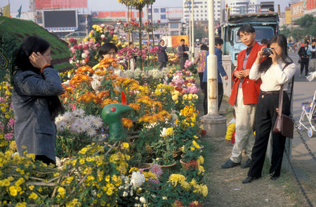 the city square and park at an Alcohol and Tabac Fair in the City of Nanchang in the Province of Jiangxi in China. China, Nanchang, November, 1996のeditorial素材