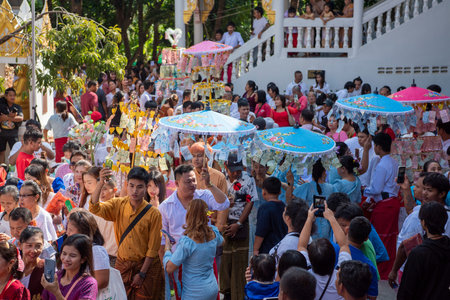 People at Temple Festival at Wat Phai Lom on Ko Kret Island in Nonthaburi Province in Thailand. Thailand, Pak Kret, November, 10, 2024のeditorial素材
