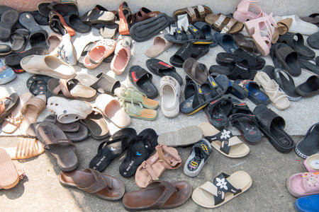 shoes at Wat Phai Lom on Ko Kret Island in City of Pak Kret in Nonthaburi Province in Thailand....