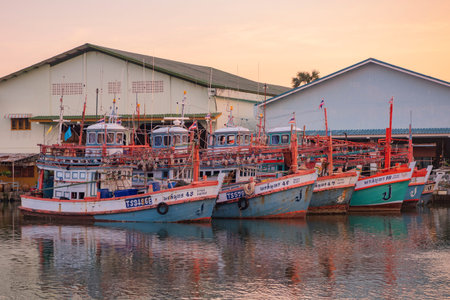 Old Wood Fishing Boats at the Harbor in Rayong City in the Province of Rayong in Thailand, Thailand,...