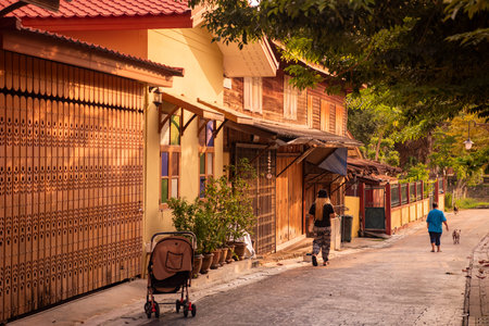 Old Wood Houses at Yomjinda Road in Rayong City in the Province of Rayong in Thailand, Thailand, Rayong, October, 25, 2024のeditorial素材