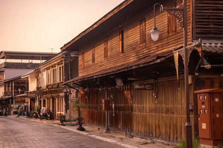 Old Wood Houses at Yomjinda Road in Rayong City in the Province of Rayong in Thailand, Thailand, Rayong, October, 25, 2024のeditorial素材
