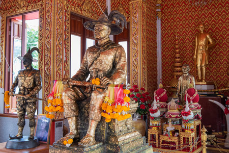 a monument at King Taksin Shrine at Wat Lum Mahachai Chumphon in Rayong City and Province of Rayong in Thailand, Thailand, Rayong, October, 25, 2024のeditorial素材