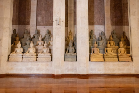 Buddha figures inside of Stone Temple of Wat Phutthanimit on the Phu Khao Mountain near the Town of Sahatsakhan and near the City of Kalasin in the Province of Kalasin in Thailand. Thailand, Kalasin, December, 2024のeditorial素材