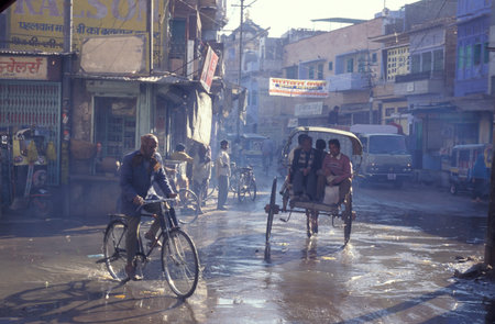 the Traffic with Bicycle and horse cart in the Blue City and Town of Jodhpur in the Province of...