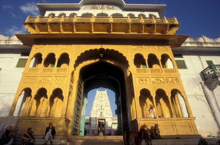 The entry of the old Rangji Temple in the Town of Pushkar in the Province of Rajasthan in India....