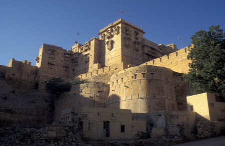 a view of the Jaisalmer Fort in the old Town of Jaisalmer in the Province of Rajasthan in India....
