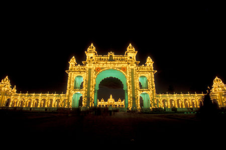 the gate of Mysore Palace or Amba Vilas Palace in the city of Mysore in the Province of Karnataka in India. India, Mysore, March, 1998のeditorial素材