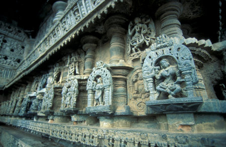 The Hindu Temple Ruins of Chennakeshava Temple with stone carving figures, also Keshava, Kesava or Vijayanarayana Temple in the town of Belur in the Province of Karnataka in India. India, Karnataka, March, 1998のeditorial素材