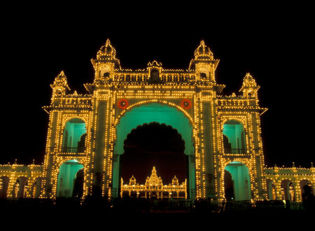 the gate of Mysore Palace or Amba Vilas Palace in the city of Mysore in the Province of Karnataka in...