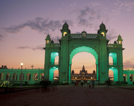 the gate of the Mysore Palace or Amba Vilas Palace in the city of Mysore in the Province of Karnataka in India. India, Mysore, March, 1998のeditorial素材