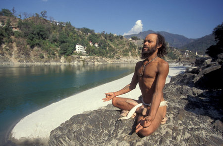 a Holy men and Street Sadhus at the Holy Ganges River in the city of Rishikesh in the Province of...
