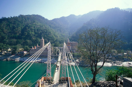 a Hindu Hermitage or Monastery of Ashram at the Holy Ganges River in the city of Rishikesh in the...