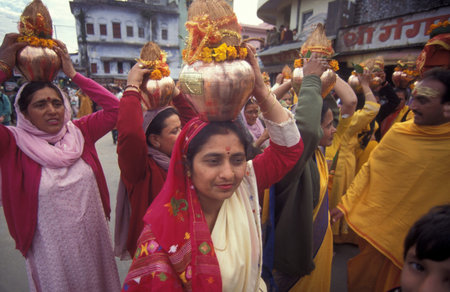 Hindi Pilgrim at a ceremony at the Holy Ganges River in the city of Haridwar in the Province of...