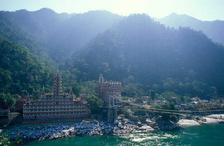 a Hindu Hermitage or Monastery of Ashram at the Holy Ganges River in the city of Rishikesh in the...