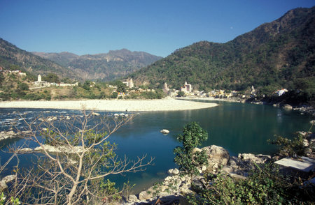the Holy Ganges River in the city of Rishikesh in the Province of Uttarakhand in India. India,...