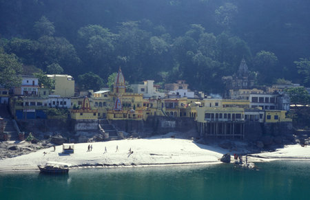 the Holy Ganges River with the city of Rishikesh in the Province of Uttarakhand in India. India,...