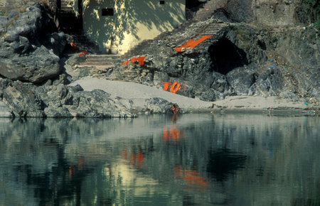 a Holy men and Street Sadhus at the Holy Ganges River in the city of Rishikesh in the Province of...