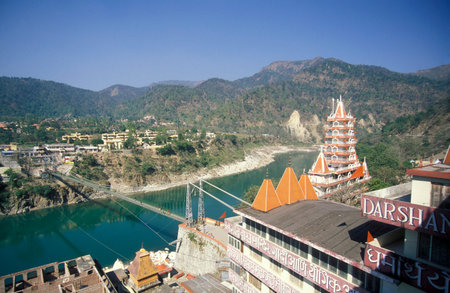 a Hindu Hermitage or Monastery of Ashram at the Holy Ganges River in the city of Rishikesh in the...
