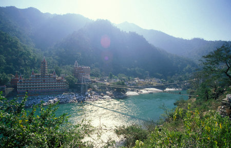 a Hindu Hermitage or Monastery of Ashram at the Holy Ganges River in the city of Rishikesh in the...