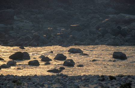 the Holy Ganges River in the city of Rishikesh in the Province of Uttarakhand in India. India, Rishikesh, February, 1998のeditorial素材