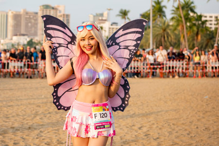 Women in bikini dress at the Bikini Beach Run on the Pattaya Beach of Pattaya in Province of Chonburi in Thailand, Thailand, Pattaya, November, 2, 2024のeditorial素材