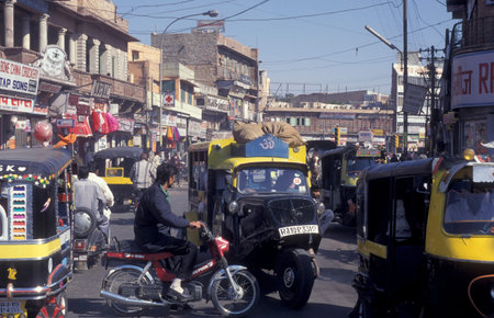 traffic on a road in the City of Jaipur in the Province of Rajasthan in India. India, Jaipur,...