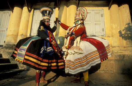 Artists of a Kathakali Dance Group at an authentic training in the city of Kochi or Cochin in the...
