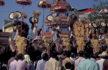 Farmers with their Elephants at the traditional Pooram or Elephant Festival and Temple Festival in...