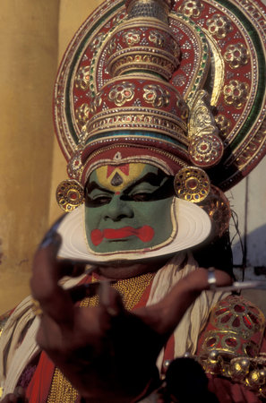 an Artist of a Kathakali Dance Group at an authentic training in the city of Kochi or Cochin in the Province Kerala in India. India, Cochin, April, 1998のeditorial素材