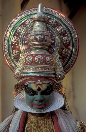 an Artist of a Kathakali Dance Group at an authentic training in the city of Kochi or Cochin in the...