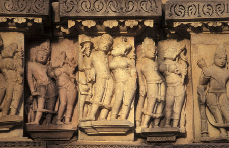 Erotic Sculptures at the erotic Temple or Hindu Temple of Kandarija Mahadeva Temple in the city of Khajurao in Province Madhya Pradesh in India. India, Khajurao, April, 1998のeditorial素材
