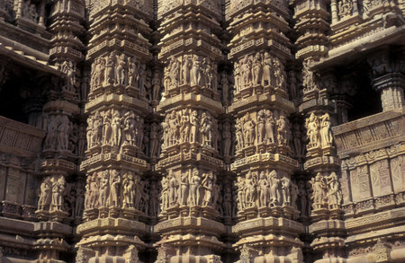 Erotic Sculptures at the erotic Temple or Hindu Temple of Kandarija Mahadeva Temple in the city of Khajurao in Province Madhya Pradesh in India. India, Khajurao, April, 1998のeditorial素材