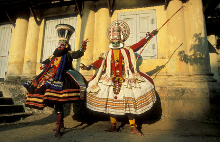 an Artist of a Kathakali Dance Group at an authentic training in the city of Kochi or Cochin in the Province Kerala in India. India, Cochin, April, 1998のeditorial素材