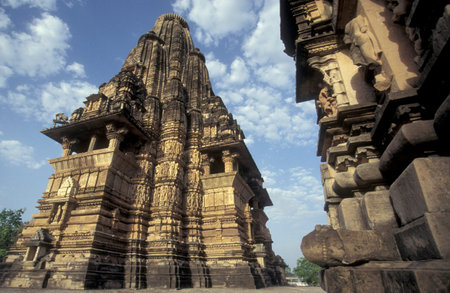 a view of the Erotic Temple and Hindu Temple of Kandarija Mahadeva Temple in the city of Khajurao in...