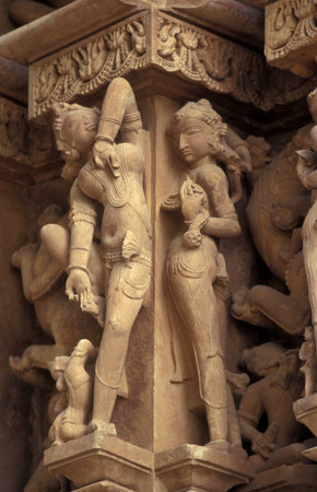 Erotic Sculptures at the erotic Temple or Hindu Temple of Kandarija Mahadeva Temple in the city of Khajurao in Province Madhya Pradesh in India. India, Khajurao, April, 1998のeditorial素材
