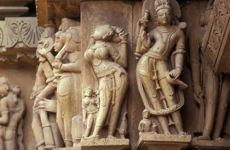 Erotic Sculptures at the erotic Temple or Hindu Temple of Kandarija Mahadeva Temple in the city of Khajurao in Province Madhya Pradesh in India. India, Khajurao, April, 1998のeditorial素材