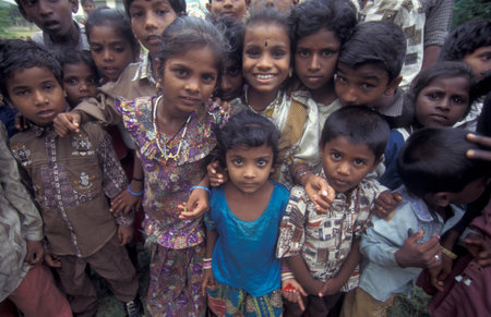 Childre posing for a group photo in the city of Chennai in Tamil Nadu Province in India. India,...