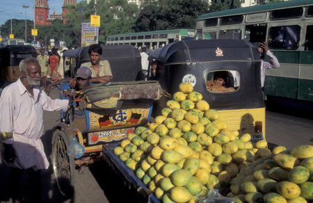 People and Taxi service at a Streetmarket and alley in the city of Chennai in Tamil Nadu Province in...