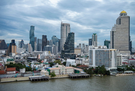 view to Sathorn and Silom from viewpoint of Iconsiam Shopping Mall at Chao Phraya River in Thonburi...
