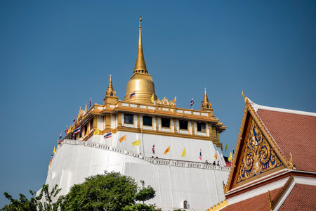 a view of Chedi of the Golden Mount from the Wat Saket in Banglamphu in the city of Bangkok in...