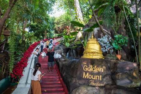 a walway to the Chedi of the Golden Mount at Wat Saket in Banglamphu in the city of Bangkok in...