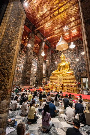 the Big Buddha of Wat Suthat Thepwararam Ratchaworamahawihan in Banglamphu in the city of Bangkok in...