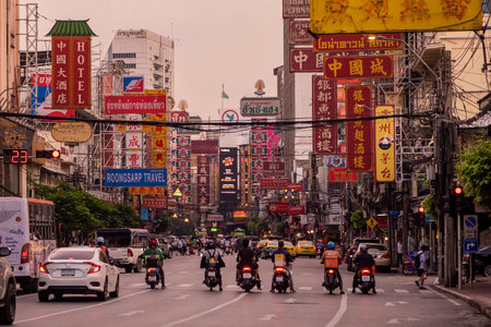 the Yaowarat Road in China Town in the city of Bangkok in Thailand. Thailand, Bangkok, November, 6, 2023のeditorial素材
