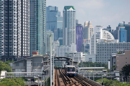 a Train of skytrain or Metro in Thonburi in the city of Bangkok in Thailand. Thailand, Bangkok,...