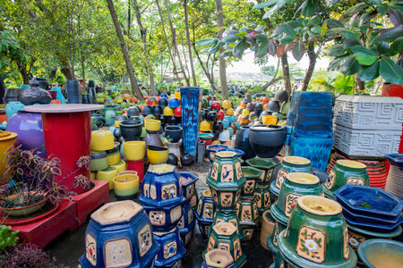 Pots at the Tao Hong Tai Ceramics Shop and Factory in the city and Province of Ratchaburi in...