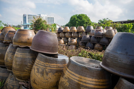 Pots at an old Pottery Factory in the city and Province of Ratchaburi in Thailand, Thailand, Ratchaburi, November, 14, 2023のeditorial素材
